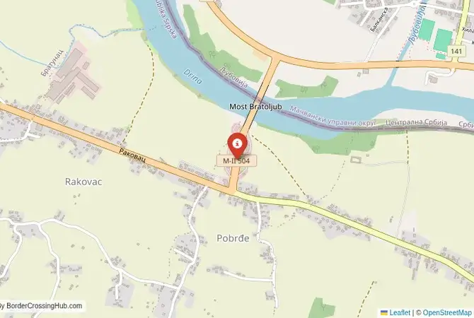 Close-up map showing a border crossing point with marker at the selected land port of entry between Bosnia and Herzegovina and Serbia