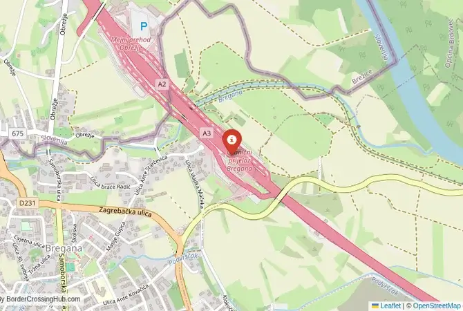 Close-up map showing a border crossing point with marker at the selected land port of entry between Croatia and Slovenia