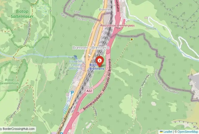 Close-up map showing a border crossing point with marker at the selected land port of entry between Italy and Austria