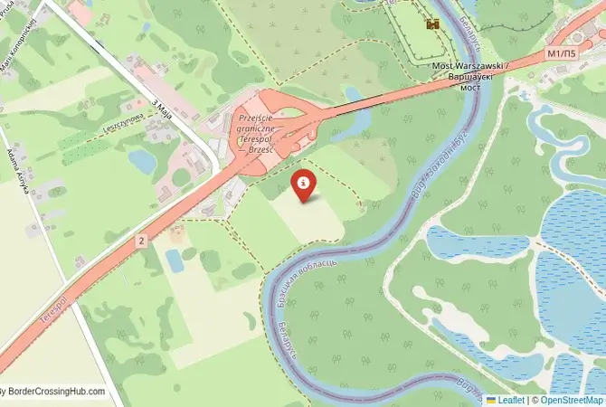 Close-up map showing a border crossing point with marker at the selected land port of entry between Belarus and Poland