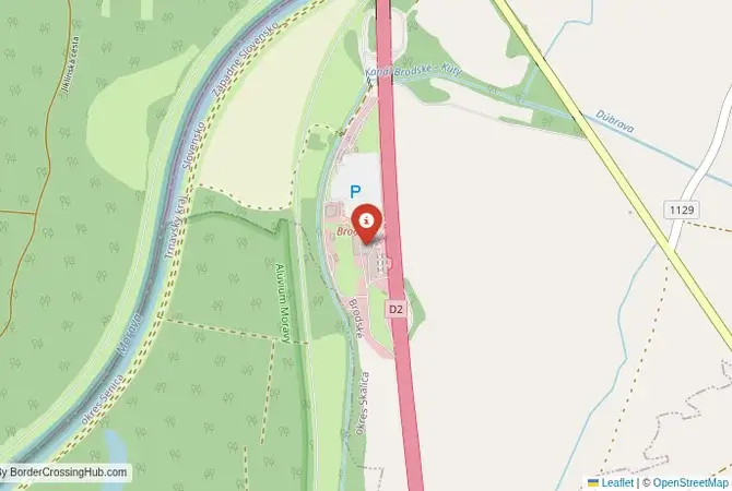 Close-up map showing a border crossing point with marker at the selected land port of entry between Slovakia and Czechia