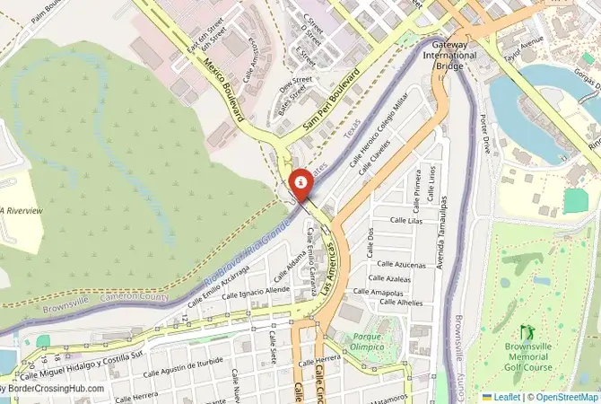 Close-up map showing a border crossing point with marker at the selected land port of entry between United States and Mexico