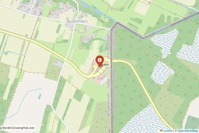 Close-up map showing a border crossing point with marker at the selected land port of entry between Ukraine and Poland