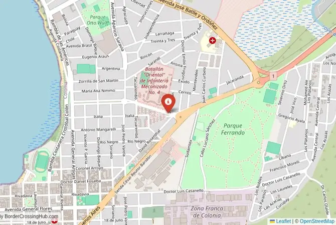 Close-up map showing a border crossing point with marker at the selected land port of entry between Argentina and Uruguay