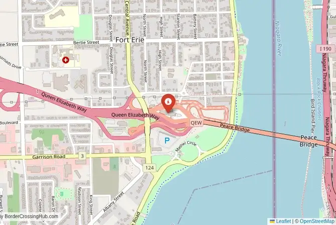Close-up map showing a border crossing point with marker at the selected land port of entry between United States and Canada
