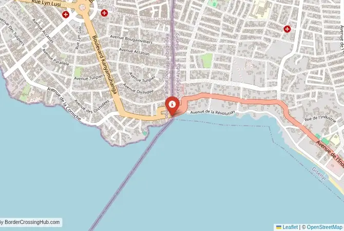 Close-up map showing a border crossing point with marker at the selected land port of entry between Rwanda and DR Congo