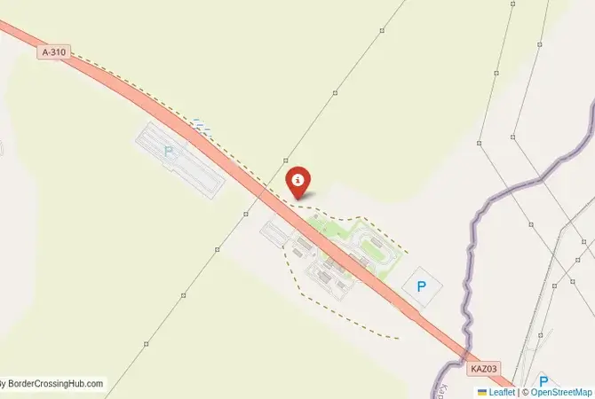 Close-up map showing a border crossing point with marker at the selected land port of entry between Kazakhstan and Russia
