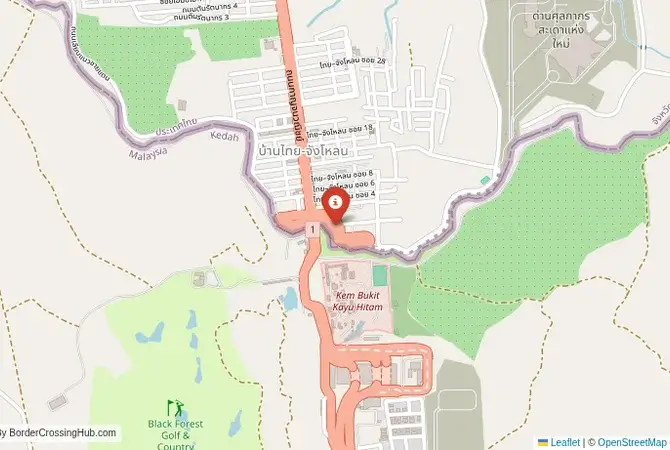 Close-up map showing a border crossing point with marker at the selected land port of entry between Thailand and Malaysia