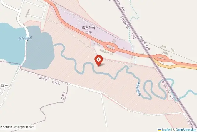 Close-up map showing a border crossing point with marker at the selected land port of entry between China and Mongolia