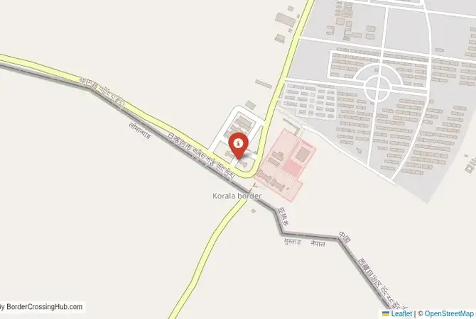 Close-up map showing a border crossing point with marker at the selected land port of entry between Nepal and China