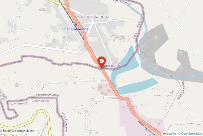 Close-up map showing a border crossing point with marker at the selected land port of entry between Bangladesh and India