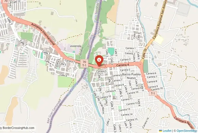 Close-up map showing a border crossing point with marker at the selected land port of entry between Colômbia and Venezuela