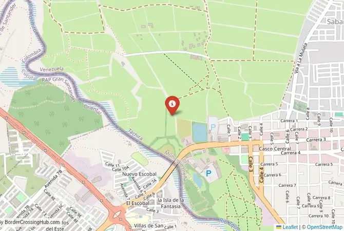 Close-up map showing a border crossing point with marker at the selected land port of entry between Colômbia and Venezuela