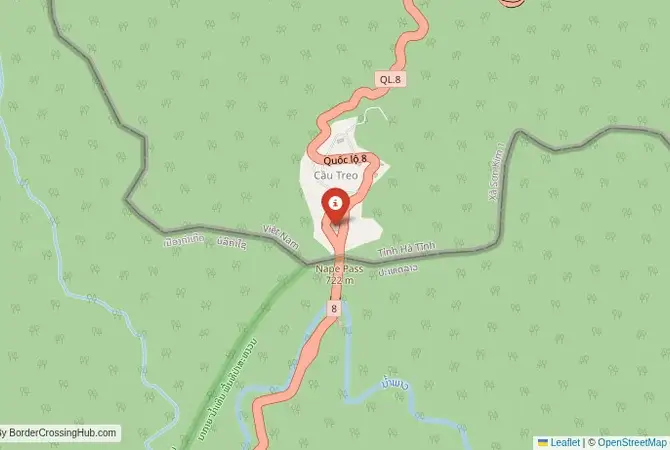 Close-up map showing a border crossing point with marker at the selected land port of entry between Laos and Vietnam