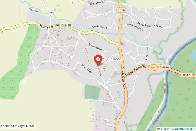 Close-up map showing a border crossing point with marker at the selected land port of entry between Moldova and Romania