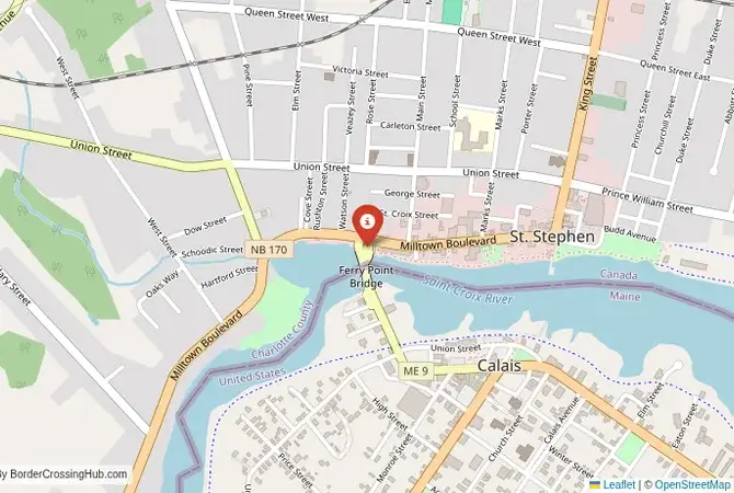 Close-up map showing a border crossing point with marker at the selected land port of entry between United States and Canada