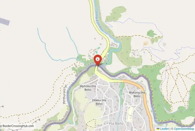 Close-up map showing a border crossing point with marker at the selected land port of entry between South Africa and Lesotho