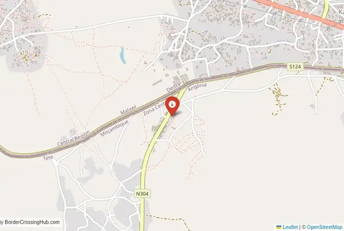 Close-up map showing a border crossing point with marker at the selected land port of entry between Malawi and Mozambique