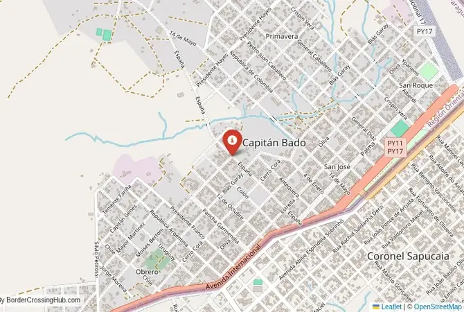 Close-up map showing a border crossing point with marker at the selected land port of entry between Brazil and Paraguay