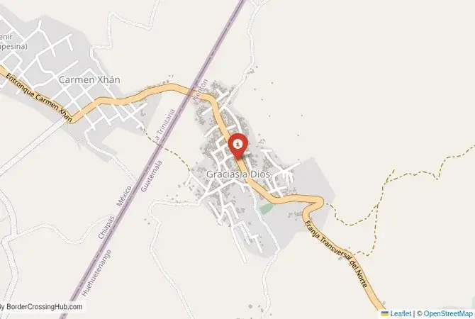 Close-up map showing a border crossing point with marker at the selected land port of entry between Mexico and Guatemala