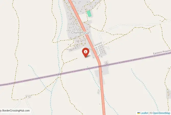 Close-up map showing a border crossing point with marker at the selected land port of entry between Zambia and Mozambique