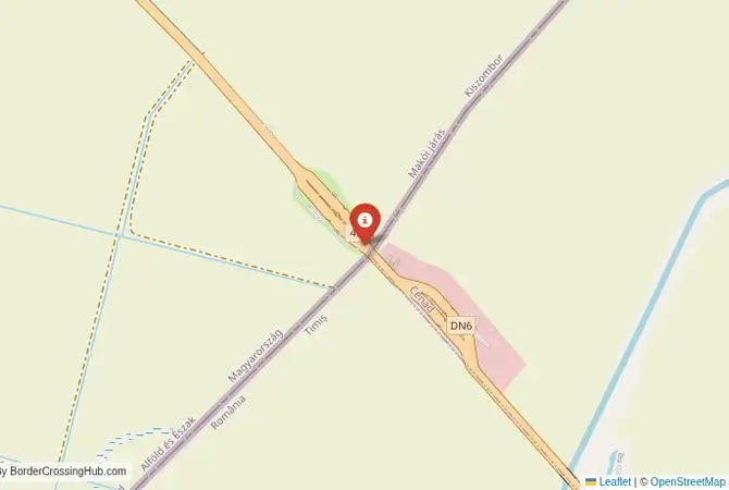 Close-up map showing a border crossing point with marker at the selected land port of entry between Hungary and Romania