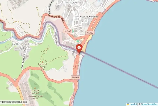 Close-up map showing a border crossing point with marker at the selected land port of entry between Morocco and Spain (Ceuta)