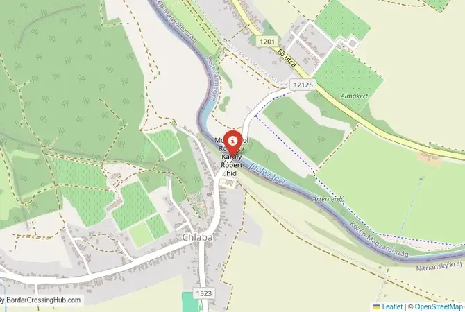 Close-up map showing a border crossing point with marker at the selected land port of entry between Slovakia and Hungary