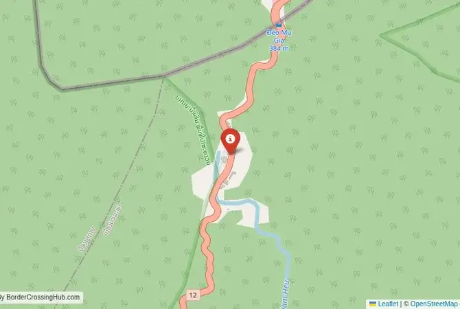 Close-up map showing a border crossing point with marker at the selected land port of entry between Vietnam and Laos