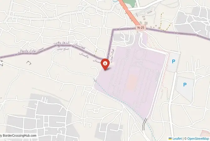 Close-up map showing a border crossing point with marker at the selected land port of entry between Afghanistan and Pakistan