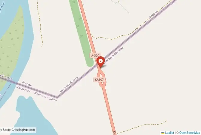 Close-up map showing a border crossing point with marker at the selected land port of entry between Kazakhstan and Russia