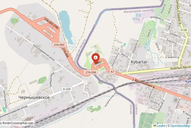 Close-up map showing a border crossing point with marker at the selected land port of entry between Russia and Lithuania