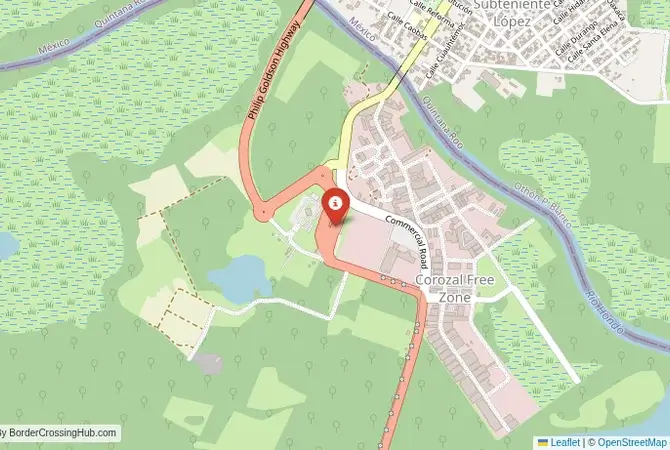 Close-up map showing a border crossing point with marker at the selected land port of entry between Mexico and Belize