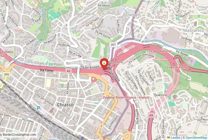 Close-up map showing a border crossing point with marker at the selected land port of entry between Italy and Switzerland