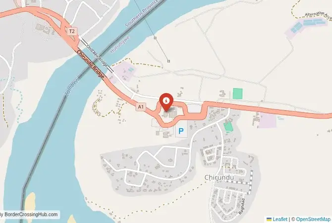 Close-up map showing a border crossing point with marker at the selected land port of entry between Zambia and Zimbabwe