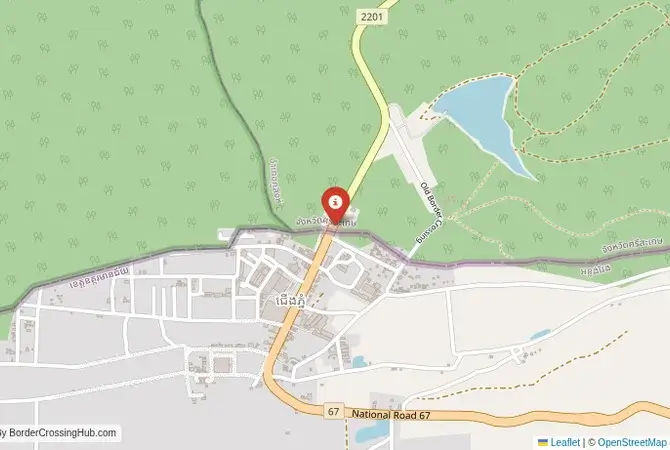 Close-up map showing a border crossing point with marker at the selected land port of entry between Thailand and Cambodia