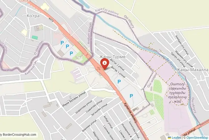 Close-up map showing a border crossing point with marker at the selected land port of entry between Kyrgyzstan and Kazakhstan