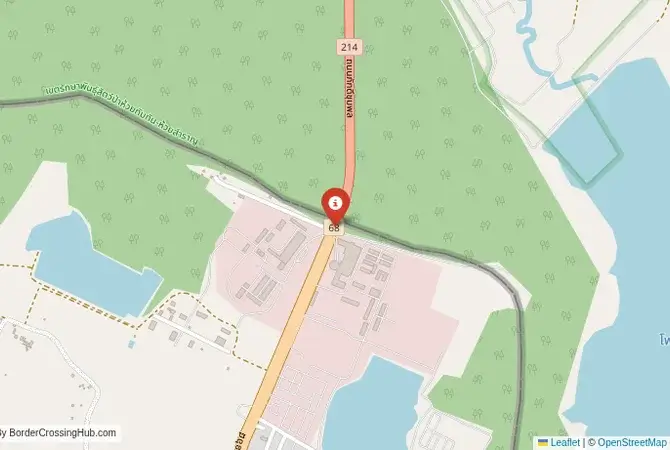 Close-up map showing a border crossing point with marker at the selected land port of entry between Cambodia and Thailand