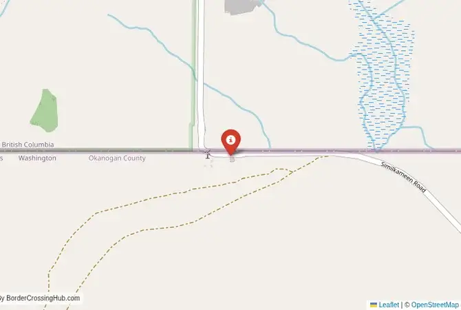 Close-up map showing a border crossing point with marker at the selected land port of entry between United States and Canada