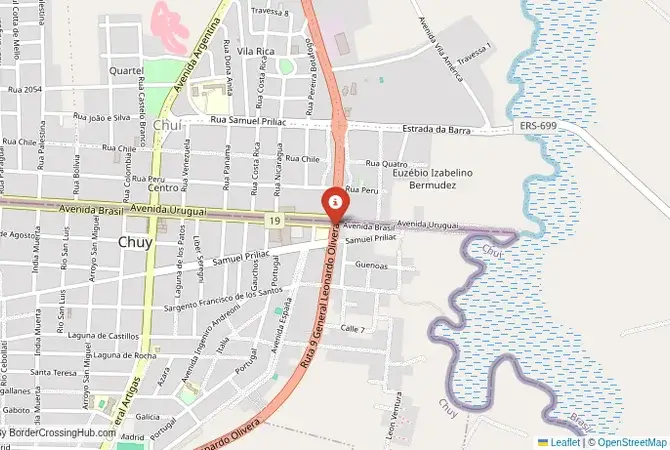 Close-up map showing a border crossing point with marker at the selected land port of entry between Brazil and Uruguay