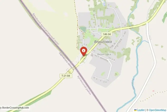 Close-up map showing a border crossing point with marker at the selected land port of entry between Ukraine and Russia