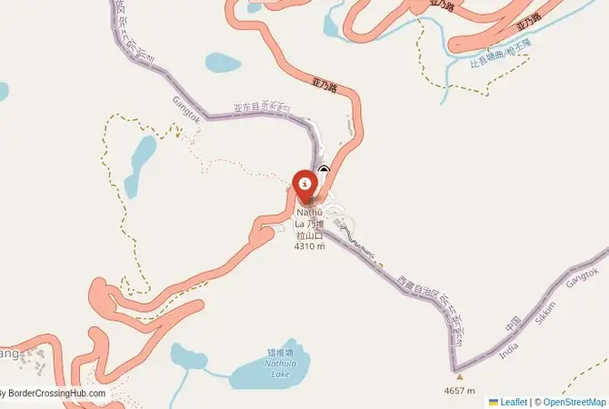 Close-up map showing a border crossing point with marker at the selected land port of entry between India and China