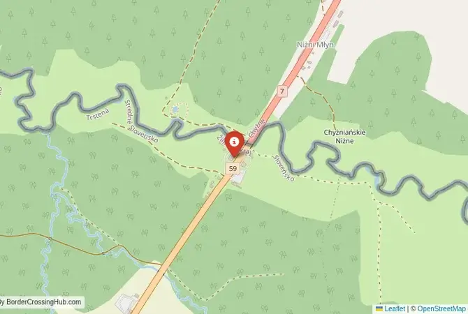Close-up map showing a border crossing point with marker at the selected land port of entry between Slovakia and Poland