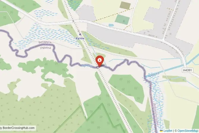 Close-up map showing a border crossing point with marker at the selected land port of entry between Belarus and Ukraine