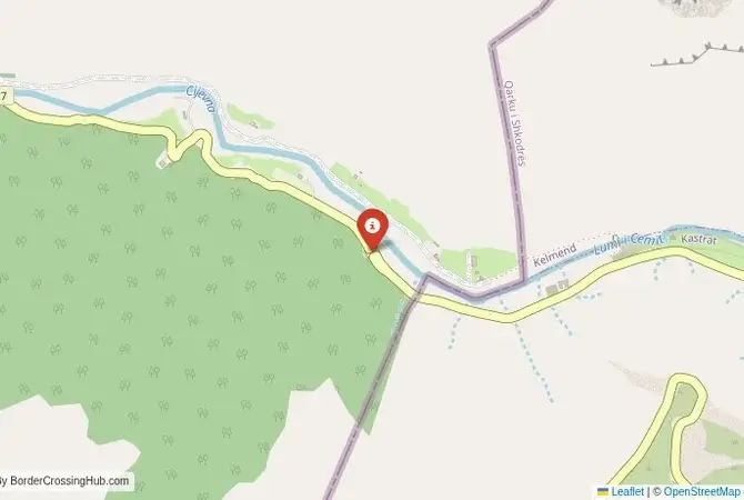 Close-up map showing a border crossing point with marker at the selected land port of entry between Albania and Montenegro