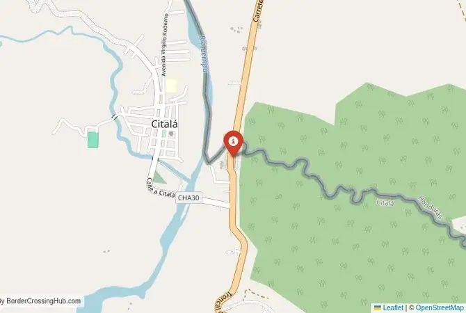 Close-up map showing a border crossing point with marker at the selected land port of entry between Honduras and El Salvador