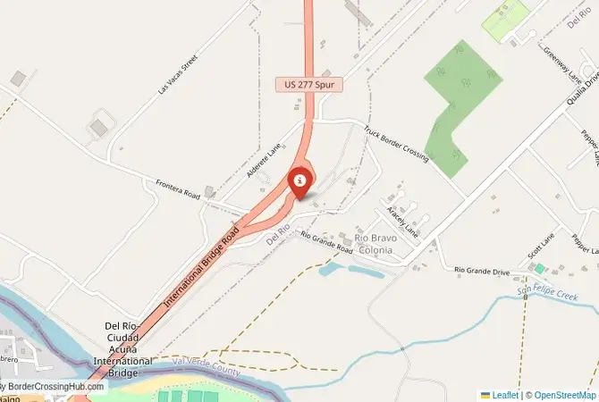 Close-up map showing a border crossing point with marker at the selected land port of entry between United States and Mexico