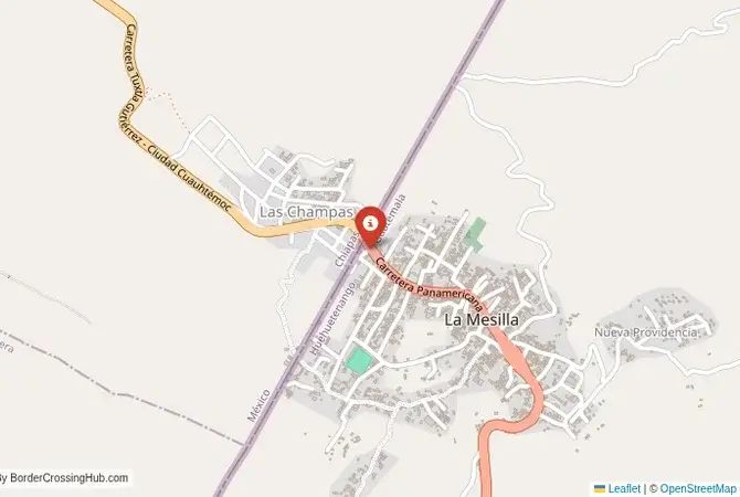 Close-up map showing a border crossing point with marker at the selected land port of entry between Mexico and Guatemala