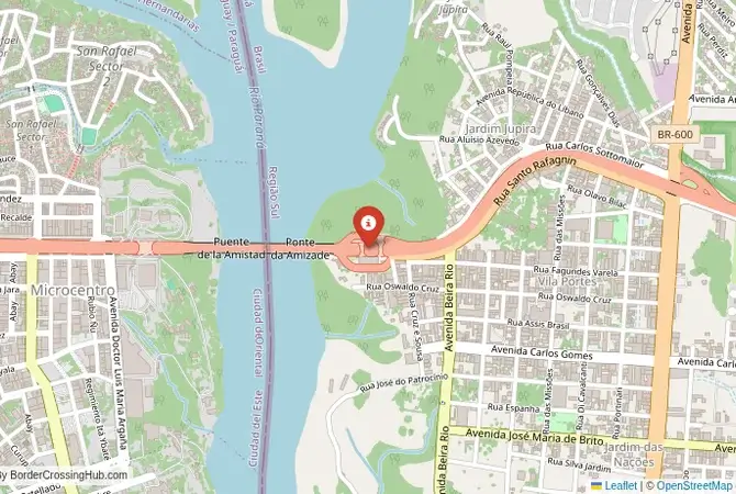 Close-up map showing a border crossing point with marker at the selected land port of entry between Brazil and Paraguay