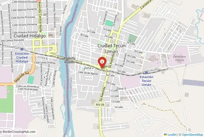 Close-up map showing a border crossing point with marker at the selected land port of entry between Mexico and Guatemala